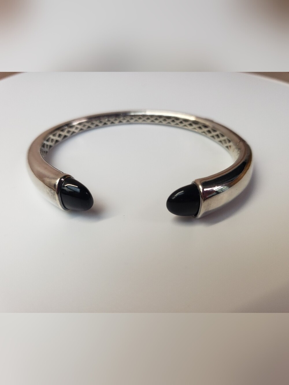 ELLE Sterling Silver Hinged Cuff Bracelet with Onyx and Ruby Accents